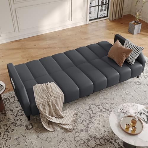 Fadware Faux Leather Couch, Convertible Futon Sofa Bed with Adjustable Backrest, Mid Century Leather Sofa Loveseat with Side Pockets& Metal Leg, Modern Leather Sleeper Sofa for Living Room Bedroom Fadware