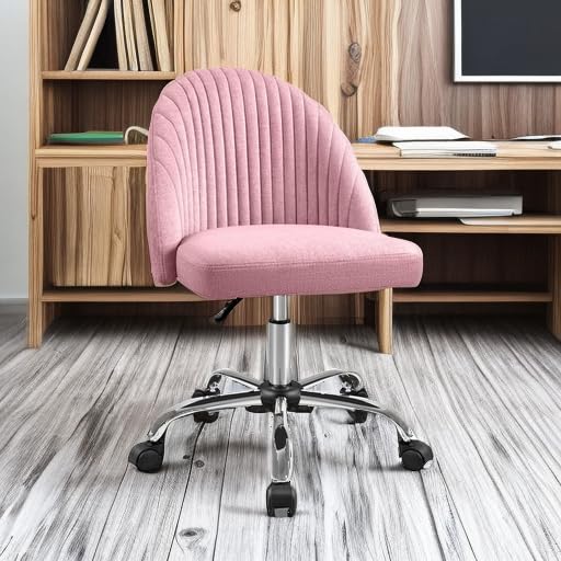 Furniwell Office Chair Armless Cute Desk Chair Modern Adjustable Swivel Padded Fabric Vanity Task Computer Chair Home Office Desk Chairs with Wheels (Pink) Furniwell
