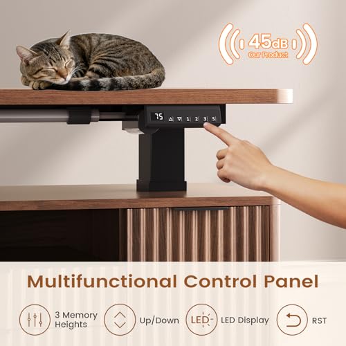 SEDETA L Shaped Electric Standing Desk, 69" x 55"Height Adjustable Office Executive Desk with 4 Drawers and Storage Shelves, Fluted Sit Stand Computer Desk with Power Outlet for Home Office (Brown) SEDETA
