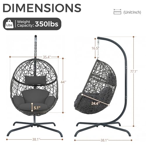 NICESOUL Swing Egg Chair with Stand, Bird Cage Patio Hanging Chair with Cushion, Large Swinging Chairs Indoor Outdoor, All-Weather 350lbs Eggshell Basket Seat for Porch, Backyard, Dark Grey