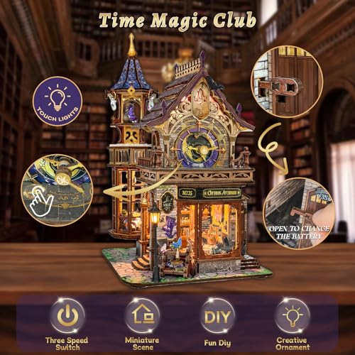 SUNNINO Miniature Dollhouse Kit, 3D Wooden Puzzles for Adults Mini House Building Kit with LED Lights Christmas Birthday Gifts Book Nook Kits Bookshelf Decor for Adults and Teens, Time Magic Club