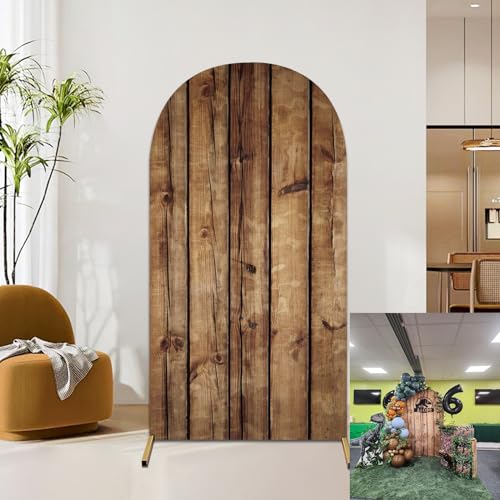 JASREE 6.6FT Rustic Wood Arch Cover Spandex Fitted Wedding Arch Stand Backdrop Covers 2-Sided Round Top Chiara Arch Backdrop Cover for Birthday Party Baby Shower Banquet Decor(3.3x6.6ft,No Frame) JASREE