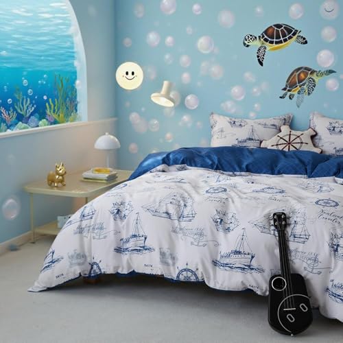 Simple&Opulence 100% Organic Cotton Duvet Cover for Kids Teens,3 Pieces Soft Cartoon Comforter Cover with Zipper Closure, Boys Bedding Set with Sailboat Pattern,Twin Simple&Opulence