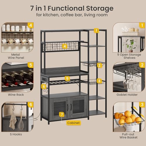 UPOSOJA 47.2in Grey Bakers Rack with Power Outlet and Ample Storage Solutions UPOSOJA