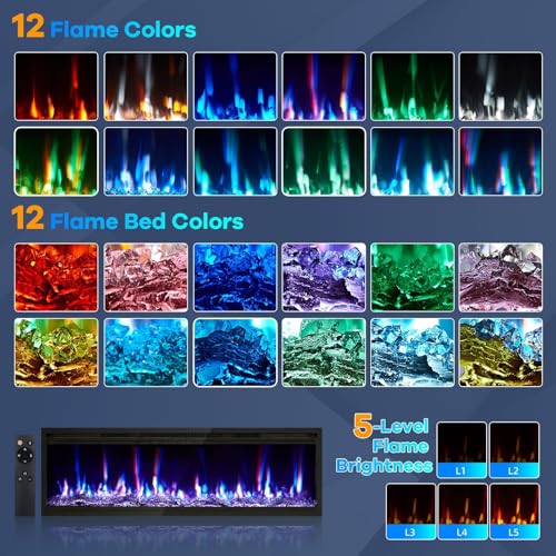 CABIHOME 60 Inch Electric Fireplace Wall Recessed and Wall Mounted with Adjustable Flame Color, Speed, Brightness, Low Noise, Built-in Timer, Log & Crystal, Remote Control & Touch Screen, 750/1500W CABIHOME