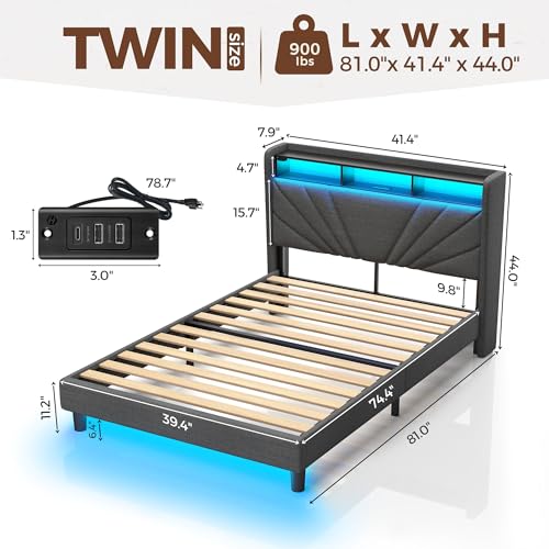 Rolanstar Twin Size Bed Frame, Storage Headboard with Charging Station and LED Lights, Upholstered Bed with Heavy Duty Wood Slats, No Box Spring Needed, Noise Free, Easy Assembly, Dark Grey Rolanstar