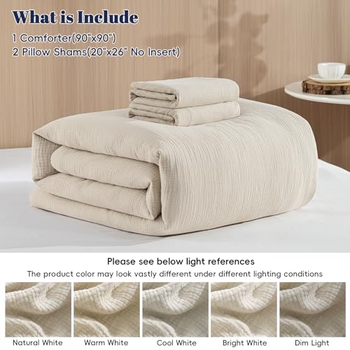 PHF Cotton Muslin Comforter Set Queen – 100% Cotton Cover, Ultra Soft & Breathable, 3PCS Lightweight All-Season Bedding with Polyester Fill, 1 Comforter 90"x90" & 2 Pillow Shams 20"x26", Natural PHF
