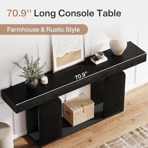 Tribesigns 70.9-Inch Extra Long Sofa Table, Farmhouse Console Tables with Wood Frame and Storage Shelf, 2-Tier Wood Table Behind Couch for Living Room, Hallway, Foyer, Black Tribesigns