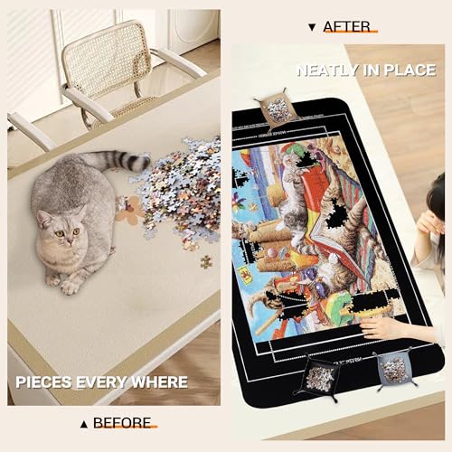 Lwoeo Jigsaw Puzzle Mat Roll Up, No Creases 49.2” x 35” Rubber Saver Pad Up to 3000 Pieces, Black Large Puzzel Matte Rollup with 6 Sorting Trays & 1 Storage Bag. Ideal for Holiday and Birthday Lwoeo