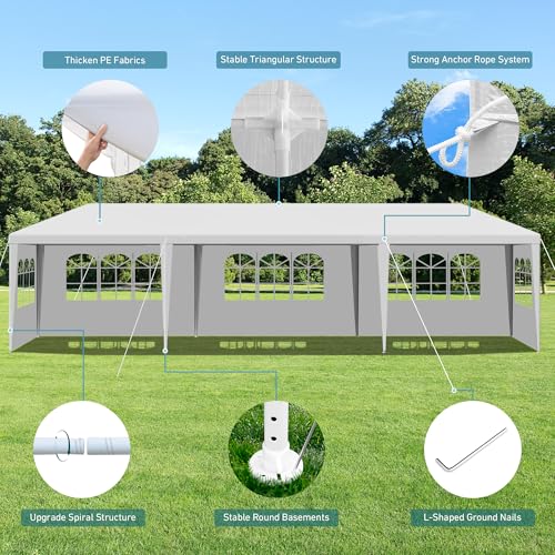 10'x30' Outdoor Party Canopy Tent with 5 Removable Sidewalls, White Gazebo with Transparent Windows, Rust-Resistant Shelter for Birthdays, Gatherings, Parties, Wedding, Events, BBQ OLLIDOT