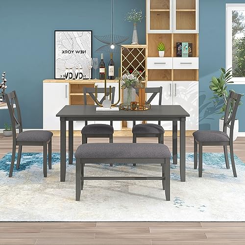 LUMISOL 6-Piece Dining Table Set with Bench for 4-6 People, Including 1 Dining Table, 4 Upholstered Chairs and 1 Bench, Save Space, Dark Grey LUMISOL