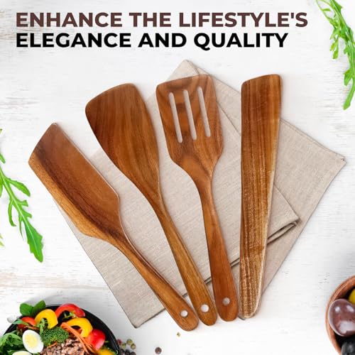 Wooden Spatula for Cooking, Premium Teak Wood Spatula, NonStick Kitchen Utensils Set of 4 Contain Paddle, Turner Spatula, Slotted Spatula and Wood Scraper AIUHI