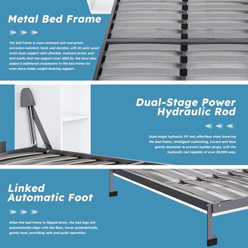 Hosnnile Queen Murphy Bed, 89.7'' Foldable Space-Saving Wall Bed with Storage Cabinet, Solid Hidden Metal Bed Frame with Wooden Bookcase Bookshelf for Bedroom, Guest Room Hosnnile