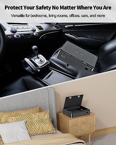 BILLCONCH Smart Gun Safe with Security Cable - Biometric Gun Safe for Handgun 4 Ways Quick Access with Fingerprint/Keypad/Key/APP Lock Pistol Safe for Nightstand Bedside Home Car with LCD/Voice Guide BILLCONCH