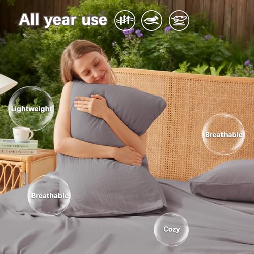 LUTBM King Sheet Set 100% Cotton Bed Sheets Gauze 4 Pcs Grey King Muslin Sheets Set 16" Deep Pocket Sheet & Pillowcase Sets Breathable Boho Soft Bedding Sets for All Season LUTBM