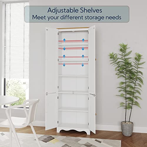 Yusong 72'' Tall Kitchen Pantry Cabinet, Freestanding Storage Cabinet with Doors and Shelves, Wooden Food Pantry Farmhouse Cupboard Buffet for Kitchen Dining Living Room, White Honey Yusong