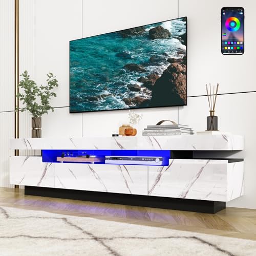Uspeedy 70IN White TV Stand for 75/80 inch TV,Modern LED TV Stand for Living Room,High Gloss Entertainment Center with Storage Drawer,APP RGB Light,TV Console,Television Stands(Marbling) Uspeedy
