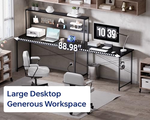 Pamray 60 Inch L Shaped Gaming Desk with LED Lights and Power Outlets Reversible Corner Computer Desk with Pegboard Storage Shelves Home Office Table for Work Study Black Pamray