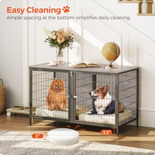 MAHANCRIS Dog Crate Furniture for 2 Dogs, 43.3" Dog Kennel with Removable Divider, Heavy Sturdy Dog Furniture Style Double Cage for Small Medium Dog, Indoor Pet House End Table, Greige DCHG1201 MAHANCRIS