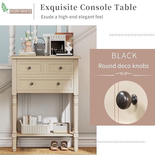 Knocbel Slim Antique Entry Console Table with 3 Drawers & Bottom Open Shelf, Solid Wood Narrow Sofa Couch Table for Entryway Hallway Living Room 23.7" W x 13" D x 31.4" H Beige Knocbel