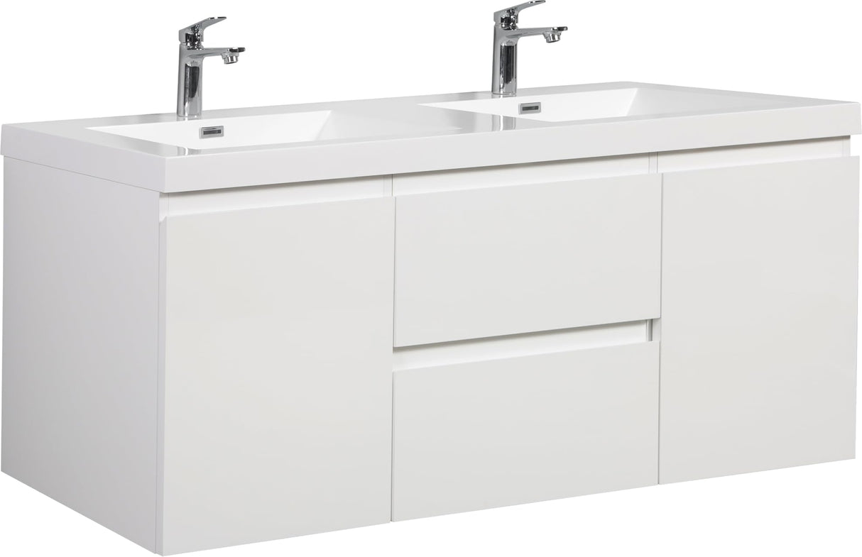 60" Floating Bathroom Vanity with Sink, Modern Wall-Mounted Bathroom Storage Vanity Cabinet with Double Resin Top Basin and Two Soft Close Drawers, Glossy White Wekuku