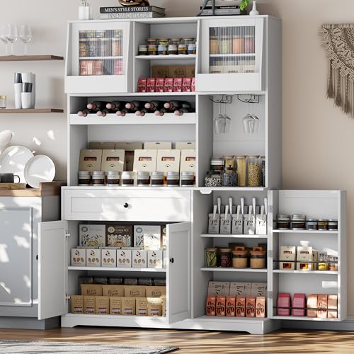 Gyfimoie 71" Pantry Cabinet with LED Light & Outlet, Kitchen Hutch Storage Cabinet with 6 Adjustable Shelves and 3 Hanging Rack Shelves,Food Pantry for Kitchen, Dining Room or Living Room, White Gyfimoie