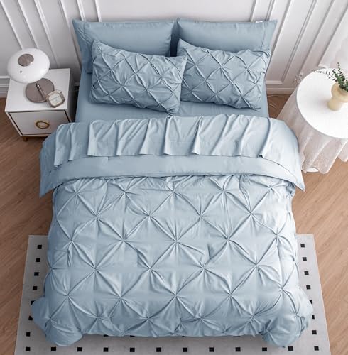 LANE LINEN Twin Comforter Set - 5 Piece - Elegant Pintuck Stitch Design Bedding - with 1 Comforter, 1 Pillowcase, 1 Sham, 1 Flat & 14" Fitted Sheet - Super-Soft, All-Season Everyday Use – French Blue LANE LINEN