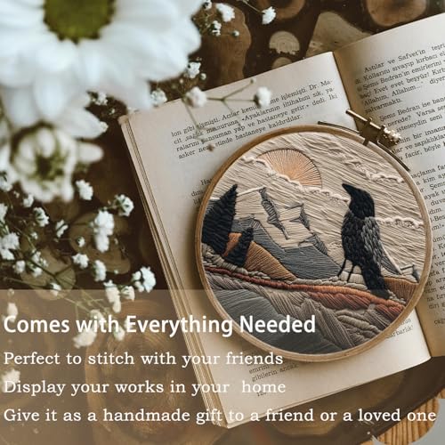 FONNUY Embroidery Kit, Featuring Crow and Landscape Patterns, Cross Stitch Kits for Both Adults and Beginners, Handmade Crafts Printed Pattern Set, Color Thread Needlework, 8'' Hoop (Fearless Bird)