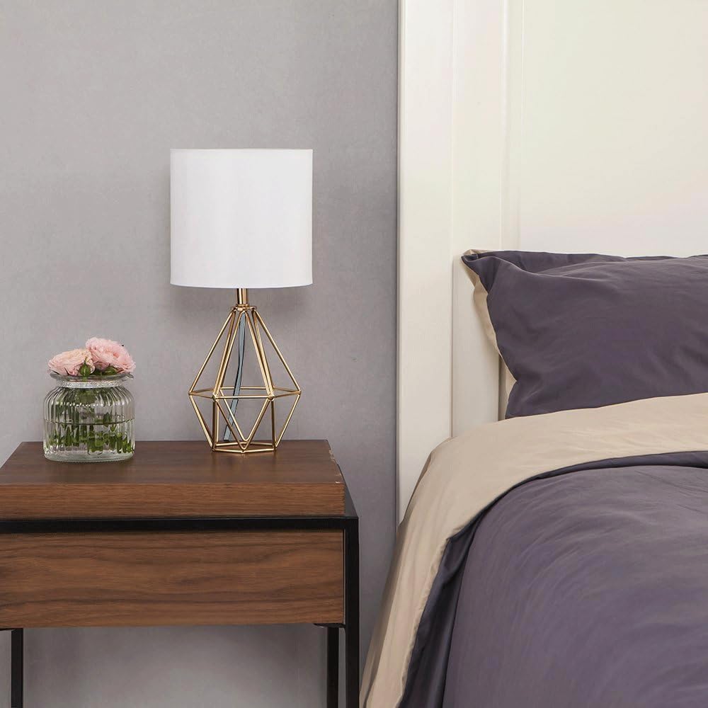 COTULIN Gold Modern Hollow Out Base Bedroom Small Table Lamp,Bedside Nightstand Lamp with Geometric Metal Base White Fabric Shade,Cute Desk Lamp for Kids Living Room COTULIN