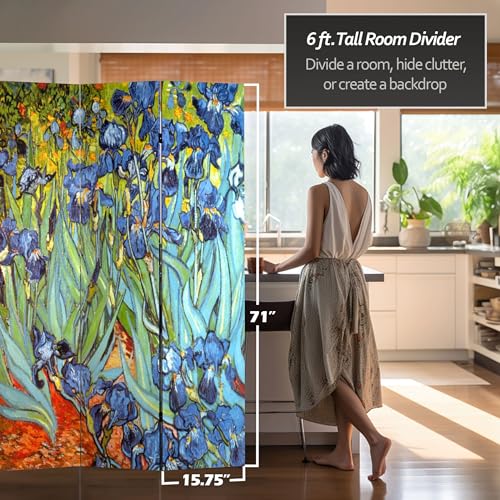 Red Lantern 6 ft. Tall Double Sided Works of Van Gogh Canvas Room Divider - Irises/Starry Night Over Rhone 4 Panel Freestanding Folding Privacy Screen Partition Separator for Modern and Contemporary Red Lantern