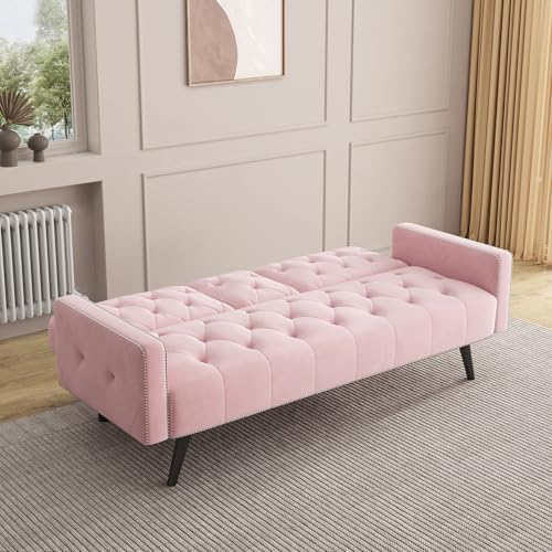 Modern Velvet 2 in 1 Futon Sofa Bed,Convertible Folding Sleeper Bed Couches with 2 Pillows,73" Tufted Recliner Love Seat with Golden Chrome Legs for Living Room Apartment Office (Pink) Anwick