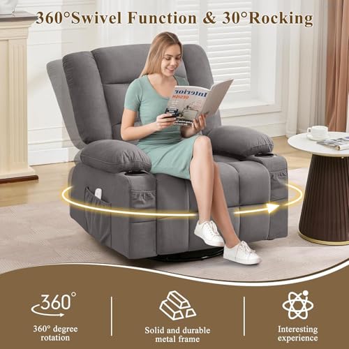 MAHOMICO Oversized Massage Swivel Recliner Chair with 4-Point 3D Kneading Massage and Heat for Living Room with Rocking Function 2 Cup Holders, USB Charge Port