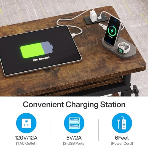 Tribesigns Small Portable Desk with Power Outlet, Height Adjustable Sofa Couch Bedside Laptop Table with Wheels, Mobile Standing Desk Rolling Computer Cart C Side Table with USB Ports Tribesigns