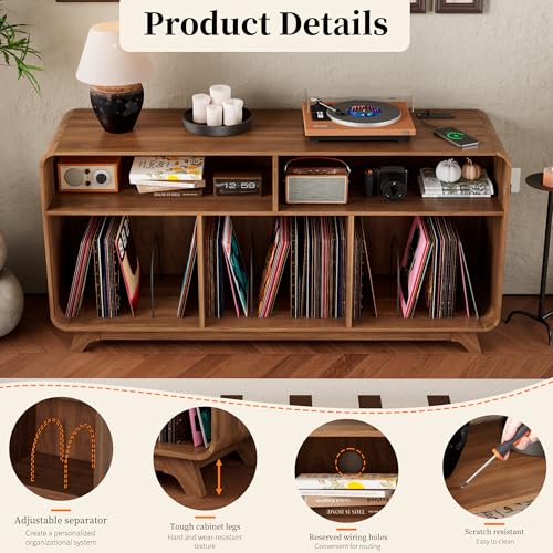 Boweniog Record Player Stand with Vinyl Storage Cabinet with Charging Station & USB Ports, Turntable Stand Table Holds Up to 350 Albums, Curved Vinyl Record Cabinet for Living Room (Walnut, 55-inch) Boweniog