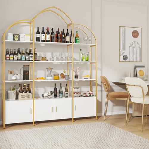 Semoic Arched Bookshelves and Bookcases: Triple Wide 5-Tier Large Open Bookshelf, Etagere Bookcase with Display Shelf for Home Office, White and Gold Semoic