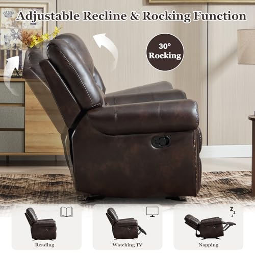 CANMOV Rocker Recliner Chair, Leather Recliner Chair with Overstuffed Backrest and Armrests, Manual Single Sofa for Living Room,Bedroom, Dark Brown