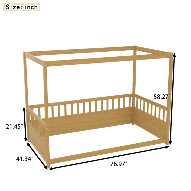 Twin Size Canopy Bed Frame with 4 Posters and Guardrails, Twin Size Montessori Floor Bed with High Fence, Natural Bellemave