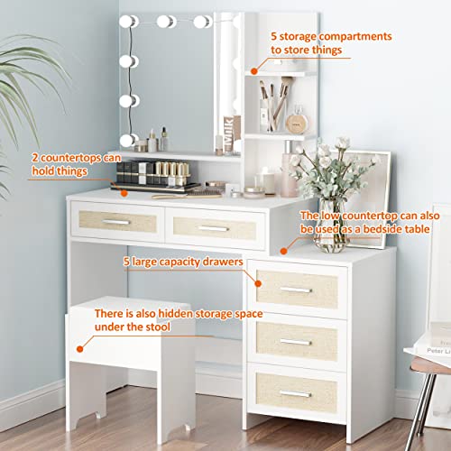 Maupvit Rattan Vanity Desk with Mirror and Lights, Boho Makeup Vanity Table Set with Nightstand, 5 Drawers & 10 Bulbs, Metal Silver Handle, 3 Open Shelves, Dressing Table with Cushioned Stool (White) Maupvit