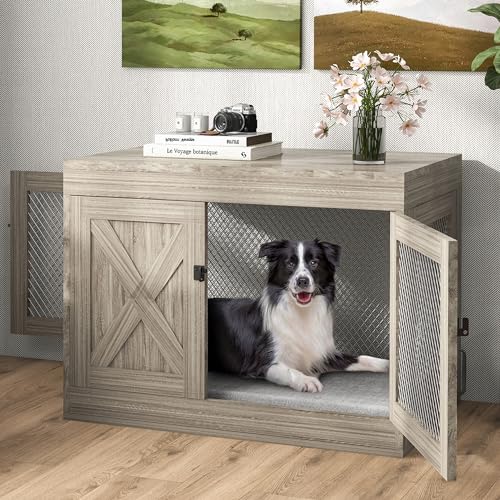 Wooden Dog Crate Furniture,36 Inch Dog Kennel Indoor with Double Doors, Medium Dog Cage with Cushion, Wood Pet House End Table Chew-Resistant for Medium/Small Dog, Grey Redpick