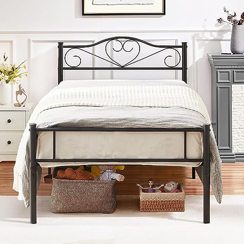VECELO Metal Platform Bed Frame with Headboard & Footboard, Steel Slats Mattress Foundation, No Box Spring Needed, Twin, Matte Black VECELO