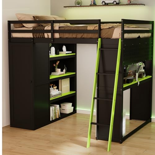 Merax Full Size Loft Bed with Desk and 6 Storage Shelves, Wardrobe, Blackout Curtain, Sturdy Wood Gaming Loft Bunk Bed Frame with USB Port & RGB Lights, Black+Green Merax