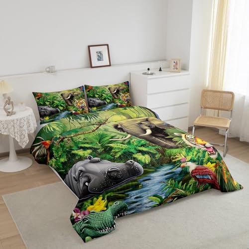 Jungle Animals Comforter Set - Queen Size Safari Animal Bedding with 1 Comforter and 2 Pillow Cases Erosebridal