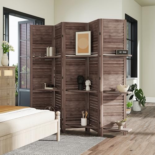 HOMCOM Room Divider, 5 Panel 67" Tall Wood Privacy Screen with 3 Display Shelves, and Folding Storage for Bedroom or Home Office, Walnut HOMCOM