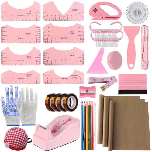 XEUZK Sublimation Shirts Tool Pink Kit With 8T Shirt rulers, 3Pack Teflon Sheet for Heat Press 12 x 16in, Heat Resistant Gloves & Silicone Bumps, 4Rolls Heat Resistant Tape& Tape Dispenser Sublimation XEUZK