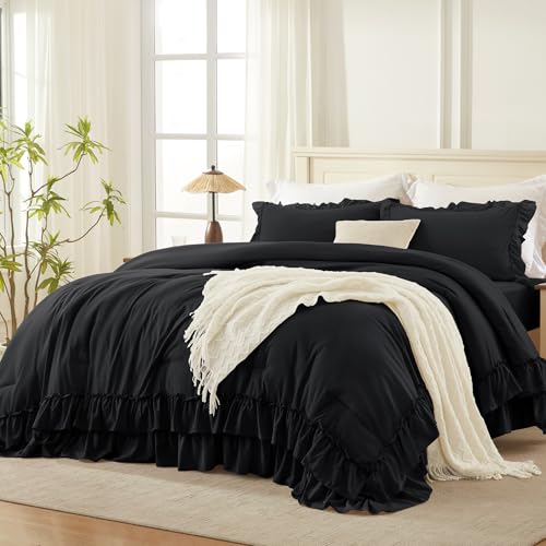 Andency Black King Comforter Set(104x90Inch), 3 Pieces Ruffle Comforter Set with 2 Pillowcases, Farmhouse Shabby Chic Lightweight Fluffy Soft Microfiber All Season Bed Set Andency