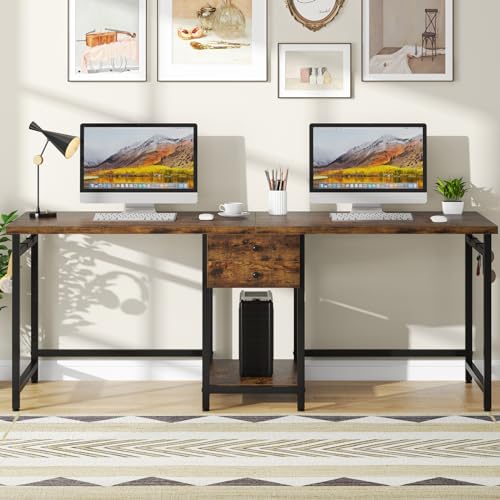Tribesigns 79 Inch Extra Long Desk, Double Desk with 2 Drawers, Two Person Desk Long Computer Desk with Storage Shelves, Writing Table Study Desk for Home Office, Rustic Brown Tribesigns