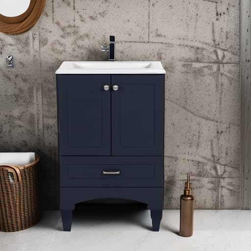 Spring Mill Cabinets Emlyn 24 Inch Bathroom Vanity with White Single Sink Top, 2-Door Cabinet, 1 Drawer, 24.5" W x 18.75" D x 32.89" H, Deep Blue Spring Mill Cabinets