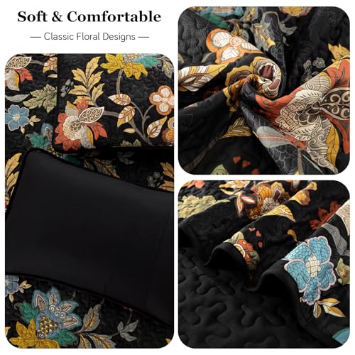 WONGS BEDDING Quilt Set Queen Size, Black Botanical Queen Bedspread Bedding Sets, 3 Pieces Floral Quilt with 2 Pillowcases,Soft Lightweight Microfiber Coverlet Set for All Season(96"X90") WONGS BEDDING