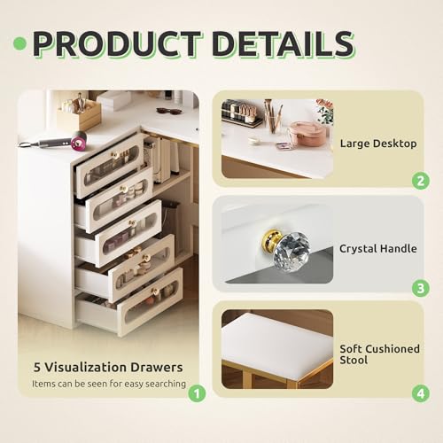 DWVO Vanity Desk with LED Lighted Mirror and 3 Lighting Modes, L-Shaped Corner Vanity Table, 48" Large Dressing Table with 5 Tempered Glass Drawers with Open Storage Shelves, White DWVO