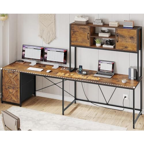 Saranya 18 Shop New Rustic Brown 86.6" L Shaped Desk Computer Two Person Shelf Cabinet File Drawer Storage Shelves Led Lights Reversible Office Study Home 62.2”L x 18.9”W x 65”H of WoodArtSupply